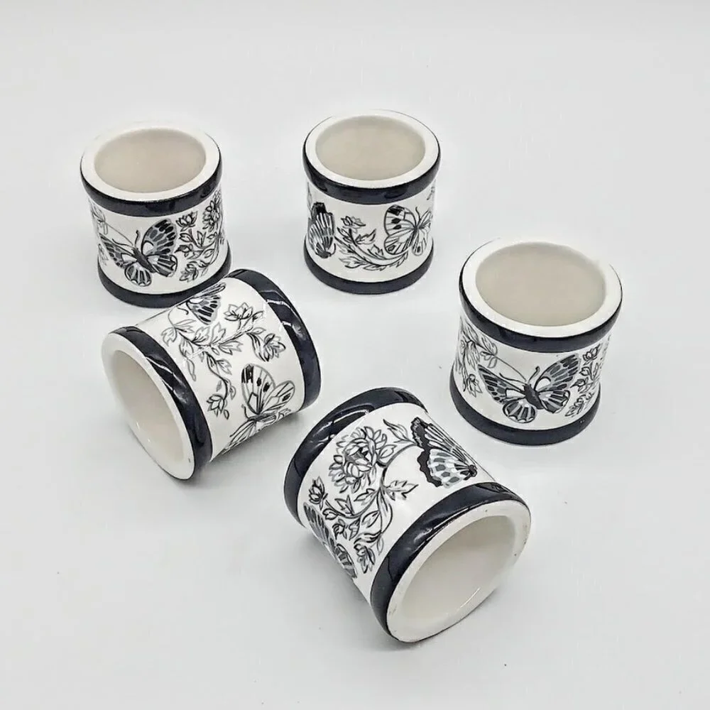 Set of 5 Black White Butterfly Porcelain Napkin Rings